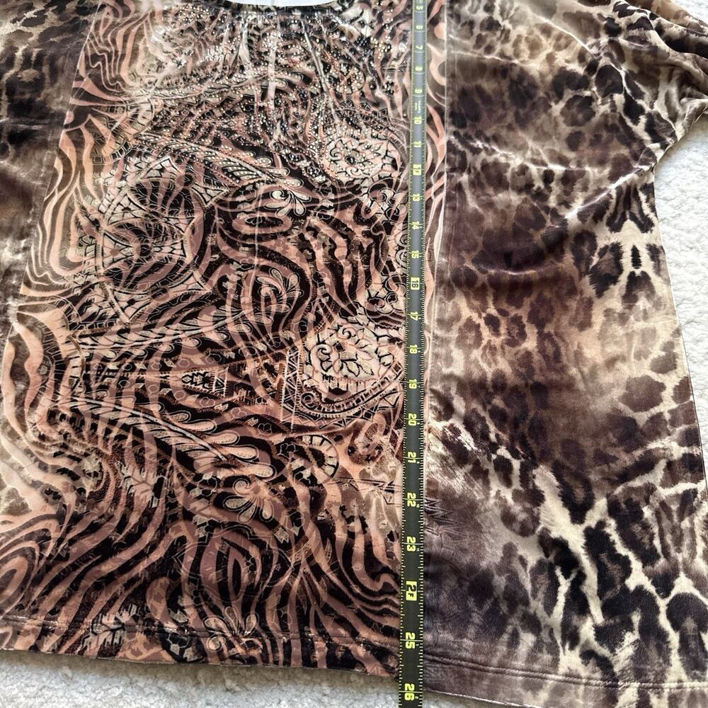 CHICO’S Burnout Velvet Brown Embellished Tunic Blouse Top Stretch Fall Size 2 L - Picture 7 of 9